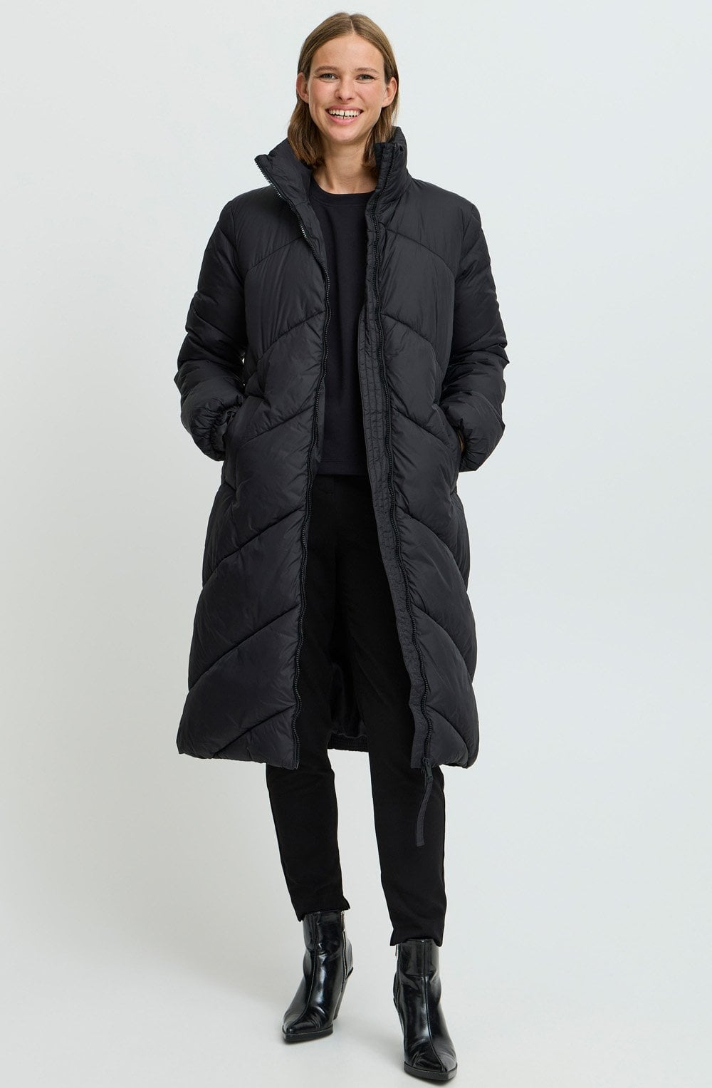 Black Bomina Full Length Diagonal Puffer Coat
