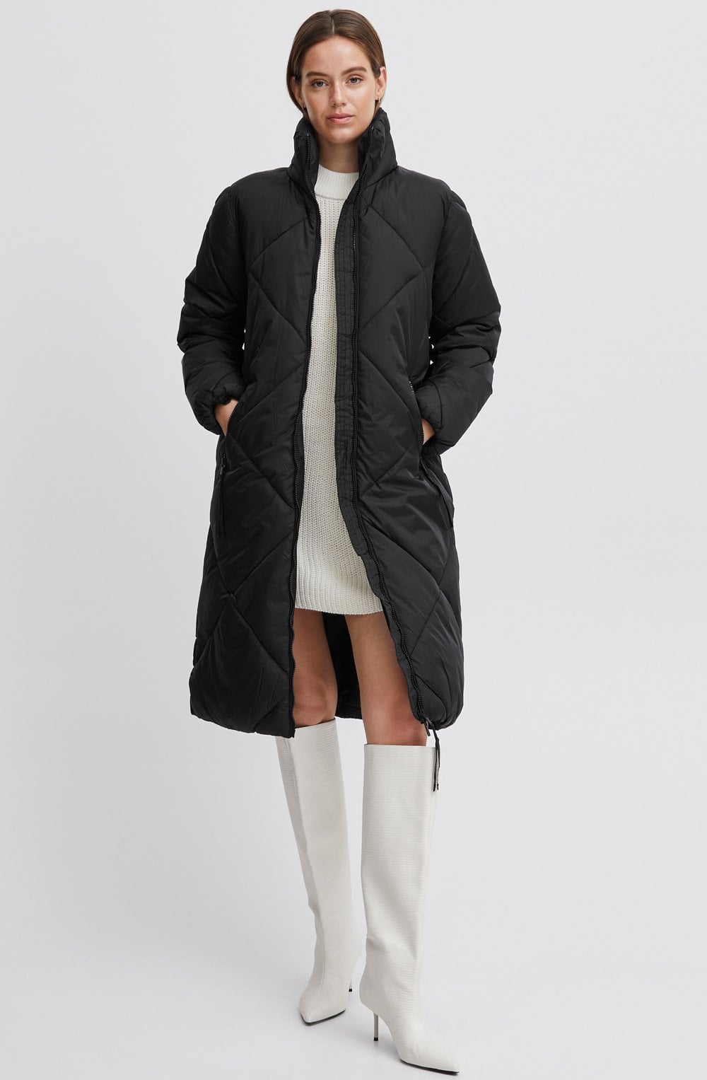 Black Bomina Full Length Diamond Puffer Coat