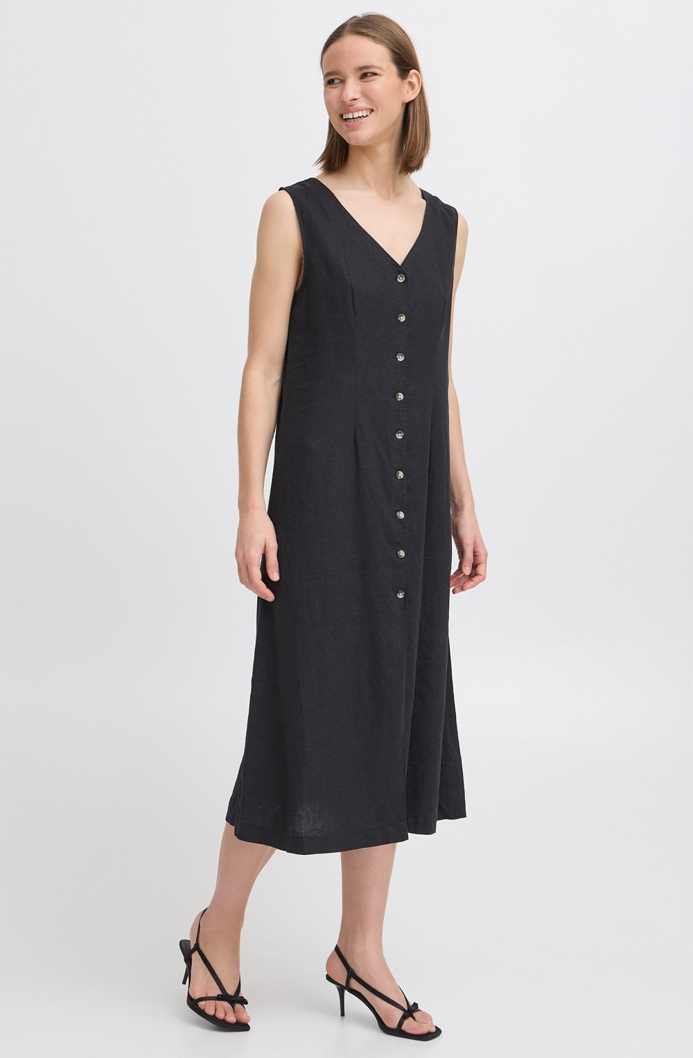 Black Linen Mix Button Down Dress