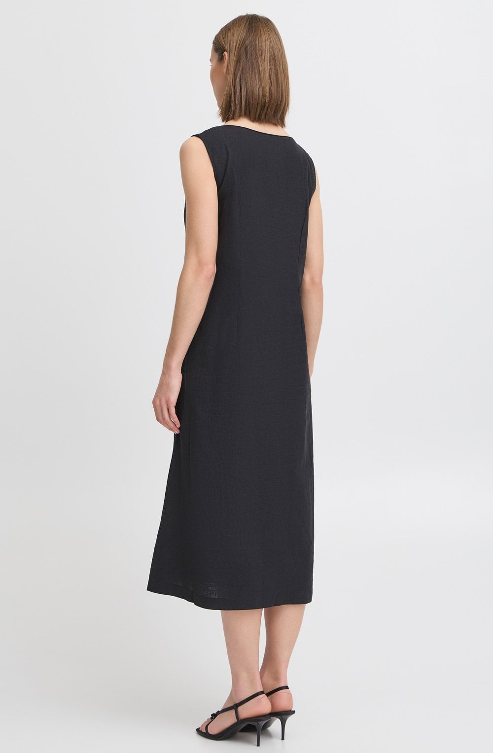 Black Linen Mix Button Down Dress