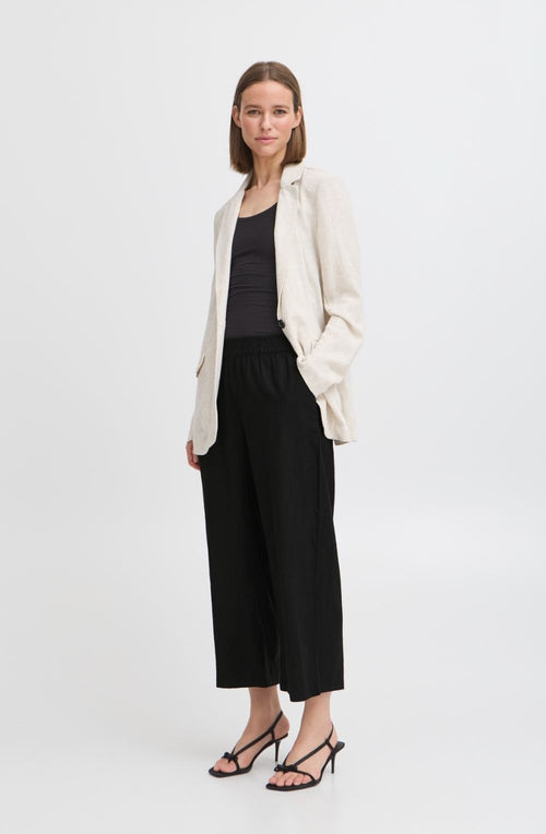 Black Linen Mix Cropped Trousers