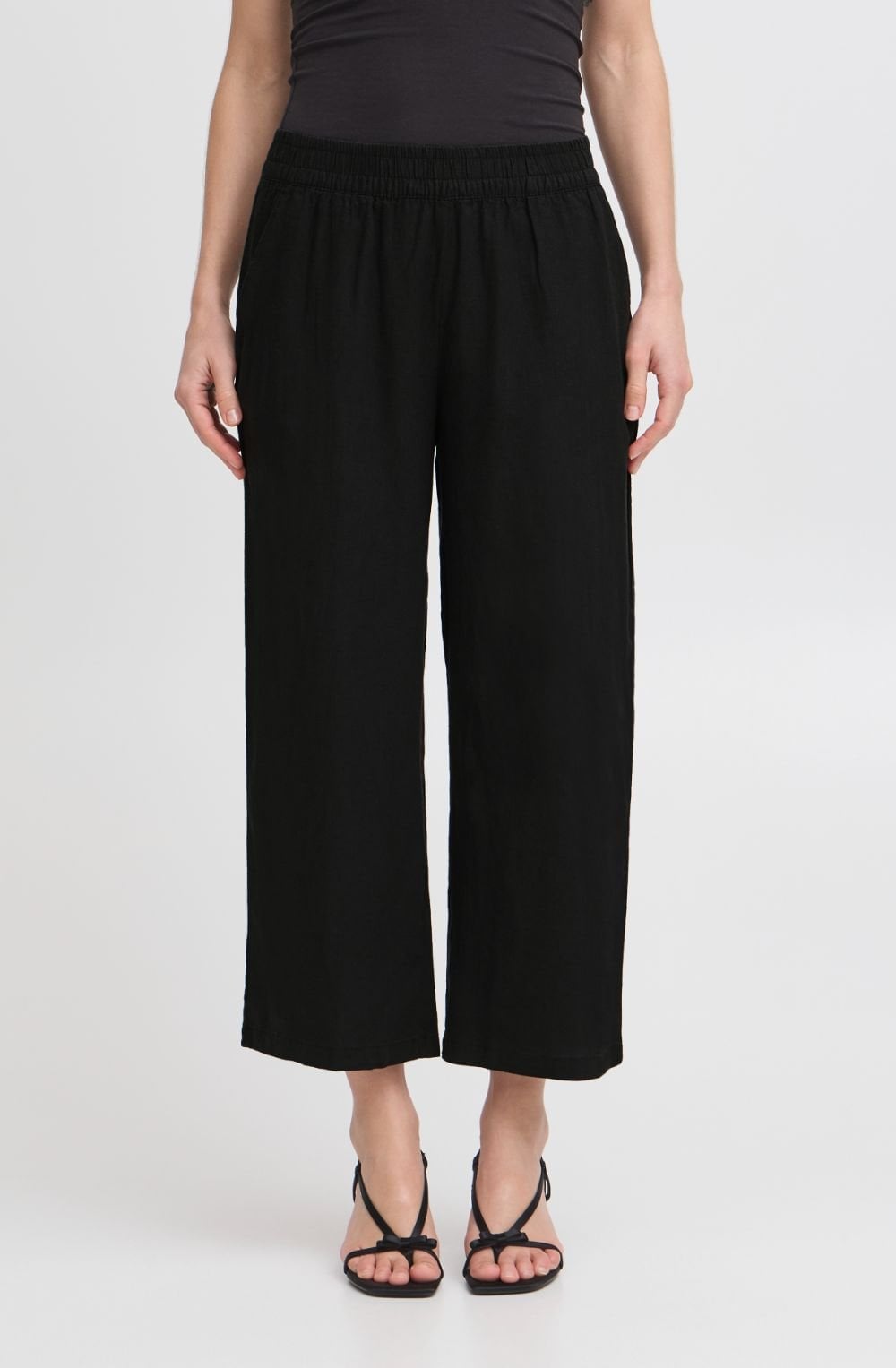 Black Linen Mix Cropped Trousers