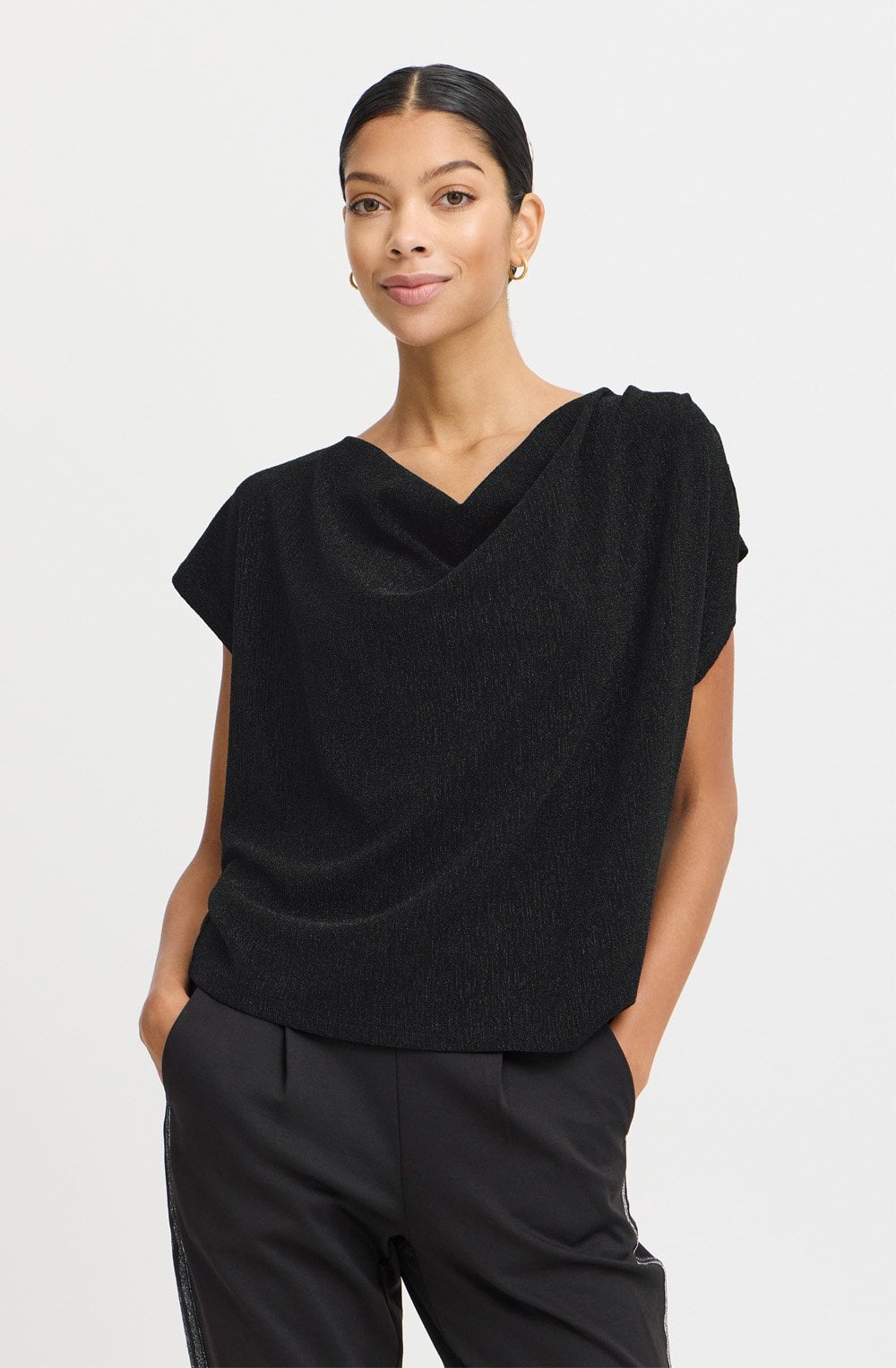 Black Shimmer Draped Neck Top