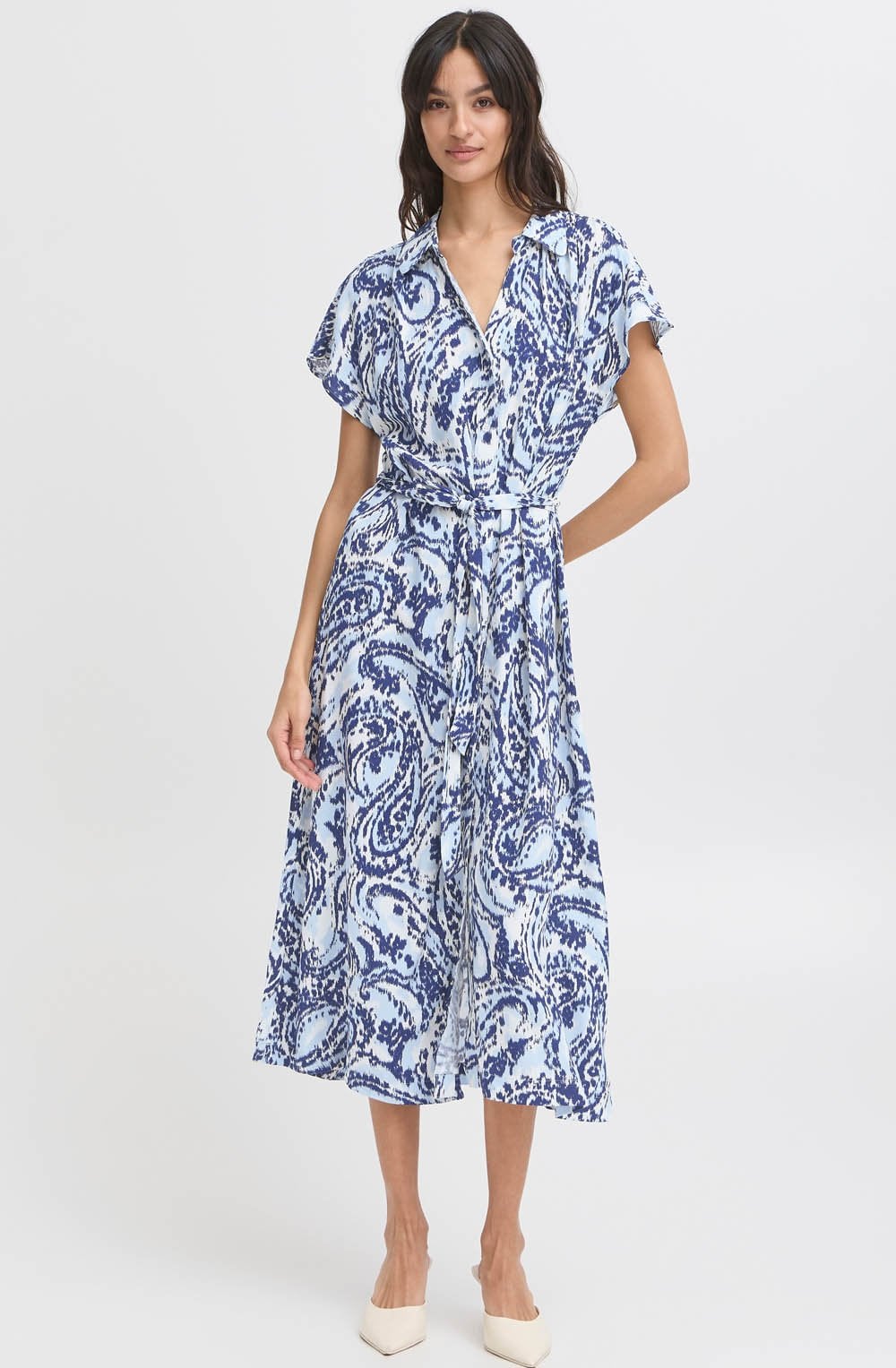 Blue Paisley Belted Shirt Dress