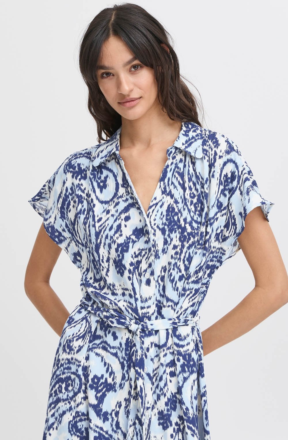 Blue Paisley Belted Shirt Dress