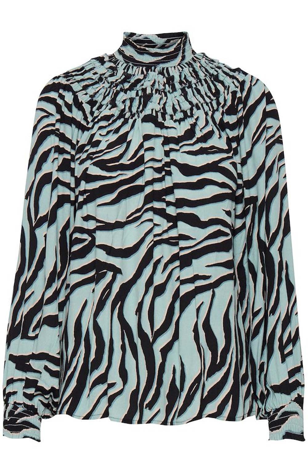 Blue Surf Tiger Print Collar Detail Blouse