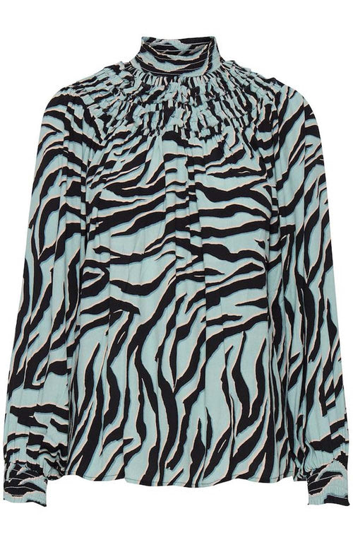 Blue Surf Tiger Print Collar Detail Blouse