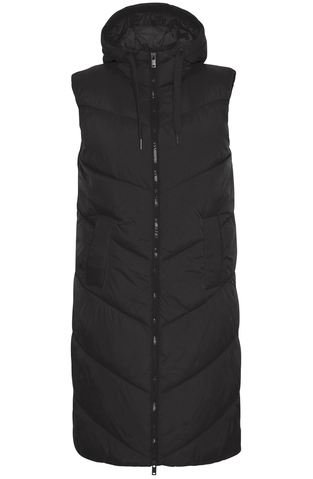 Bomina Black Below Knee Length Diagonal Puffer Waistcoat
