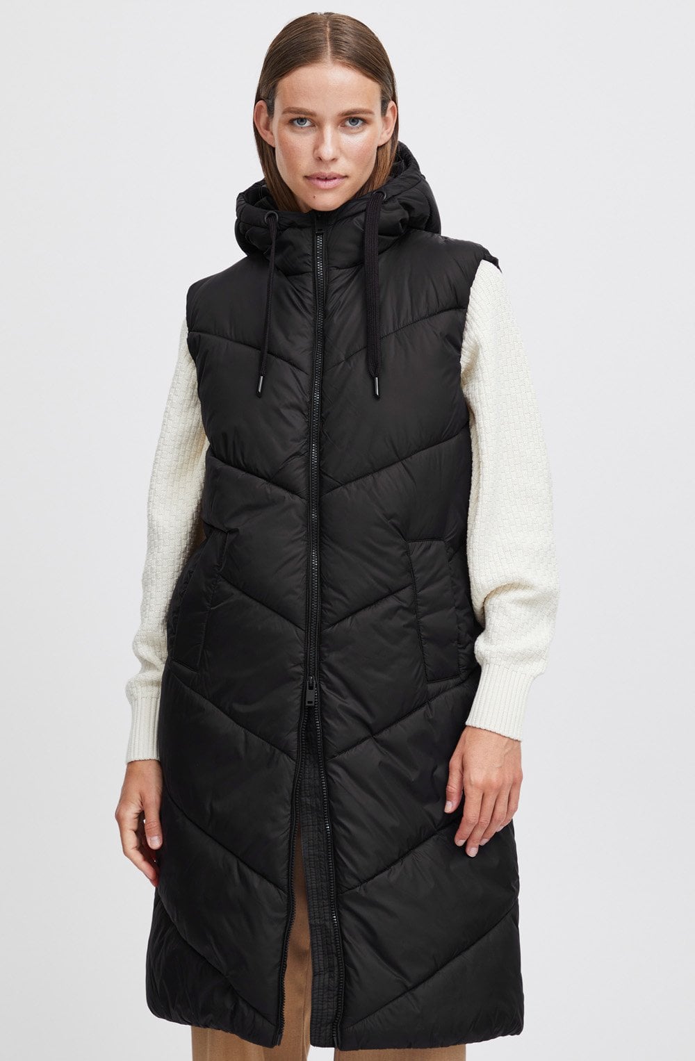 Bomina Black Below Knee Length Diagonal Puffer Waistcoat