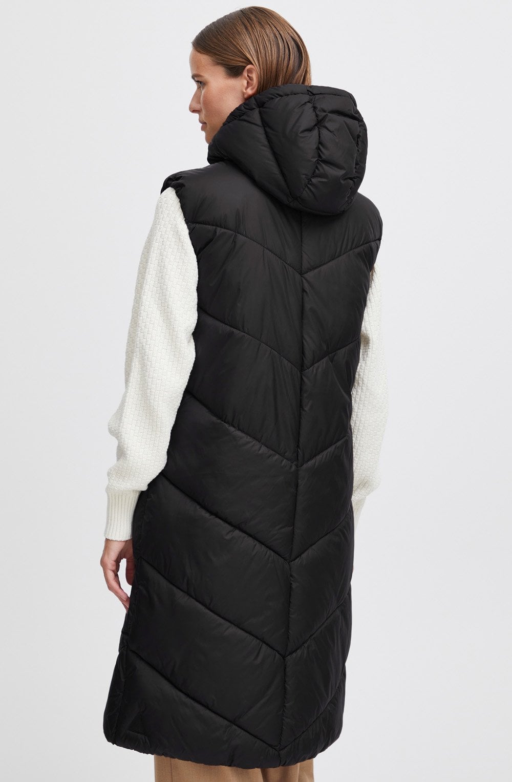 Bomina Black Below Knee Length Diagonal Puffer Waistcoat