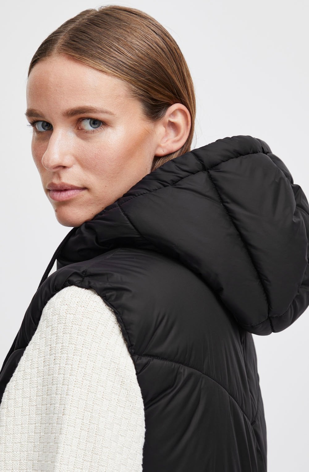 Bomina Black Below Knee Length Diagonal Puffer Waistcoat