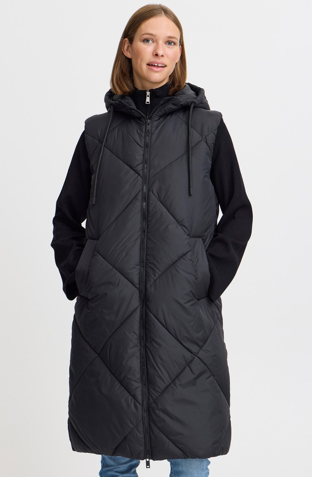 Bomina Black Below Knee Length Diamond Puffer Waistcoat
