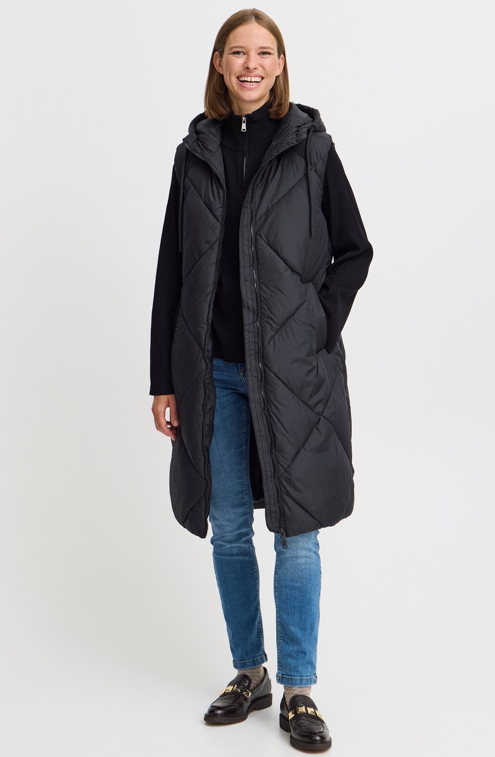 Bomina Black Below Knee Length Diamond Puffer Waistcoat