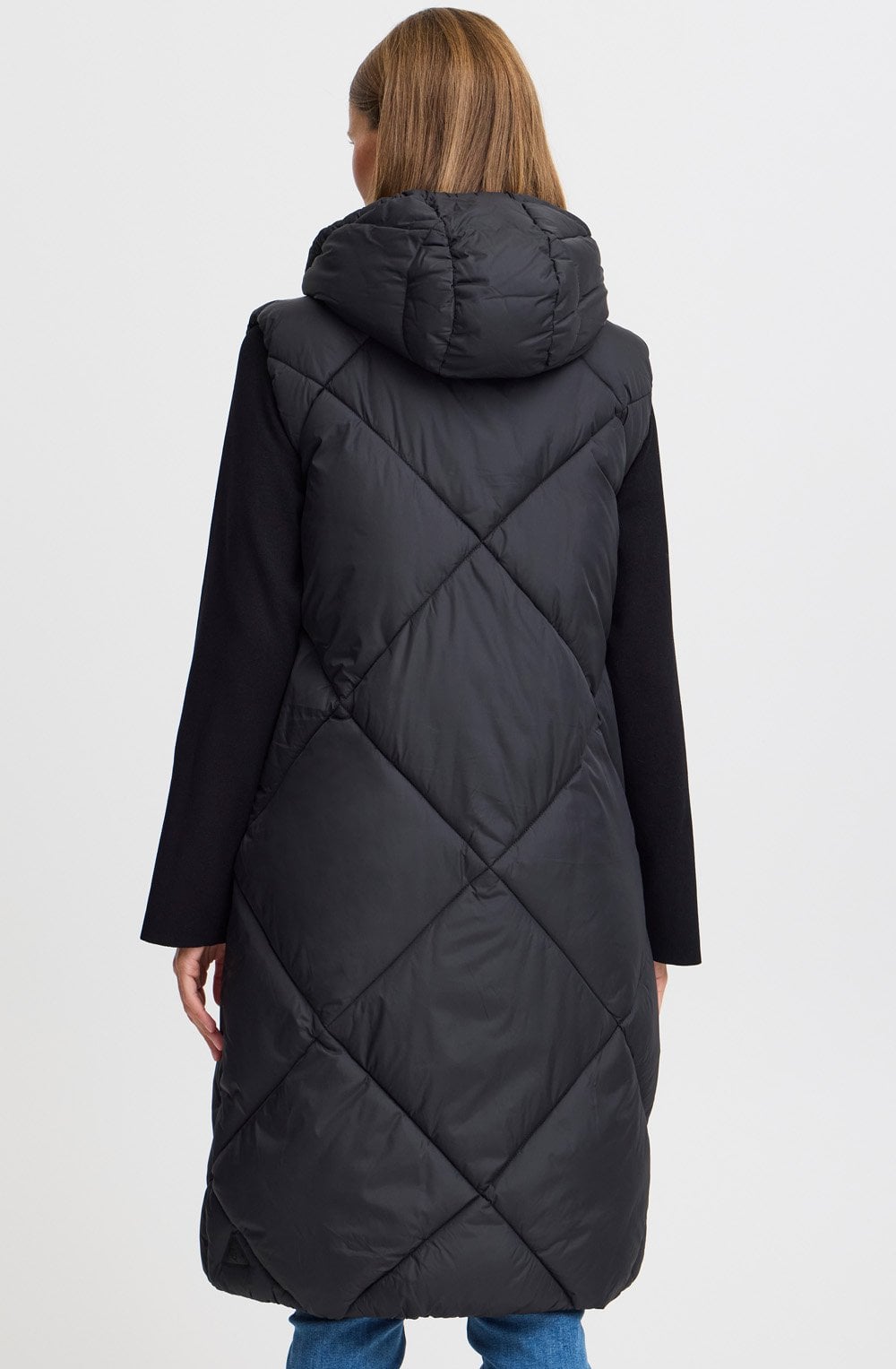 Bomina Black Below Knee Length Diamond Puffer Waistcoat