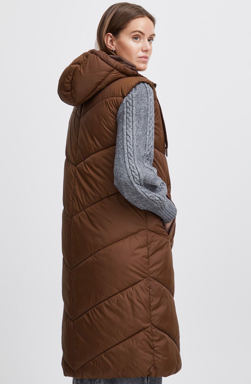 Bomina Chicory Coffee Below Knee Length Puffer Waistcoat