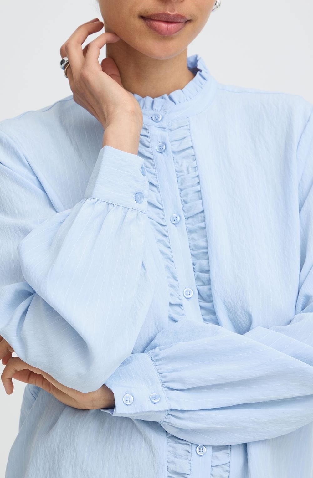 Chambray Blue Ruffle Detail Blouse