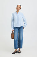 Chambray Blue Ruffle Detail Blouse