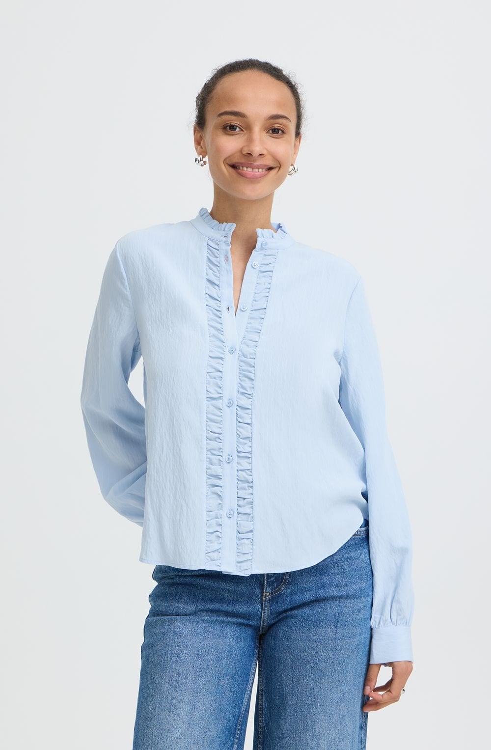 Chambray Blue Ruffle Detail Blouse