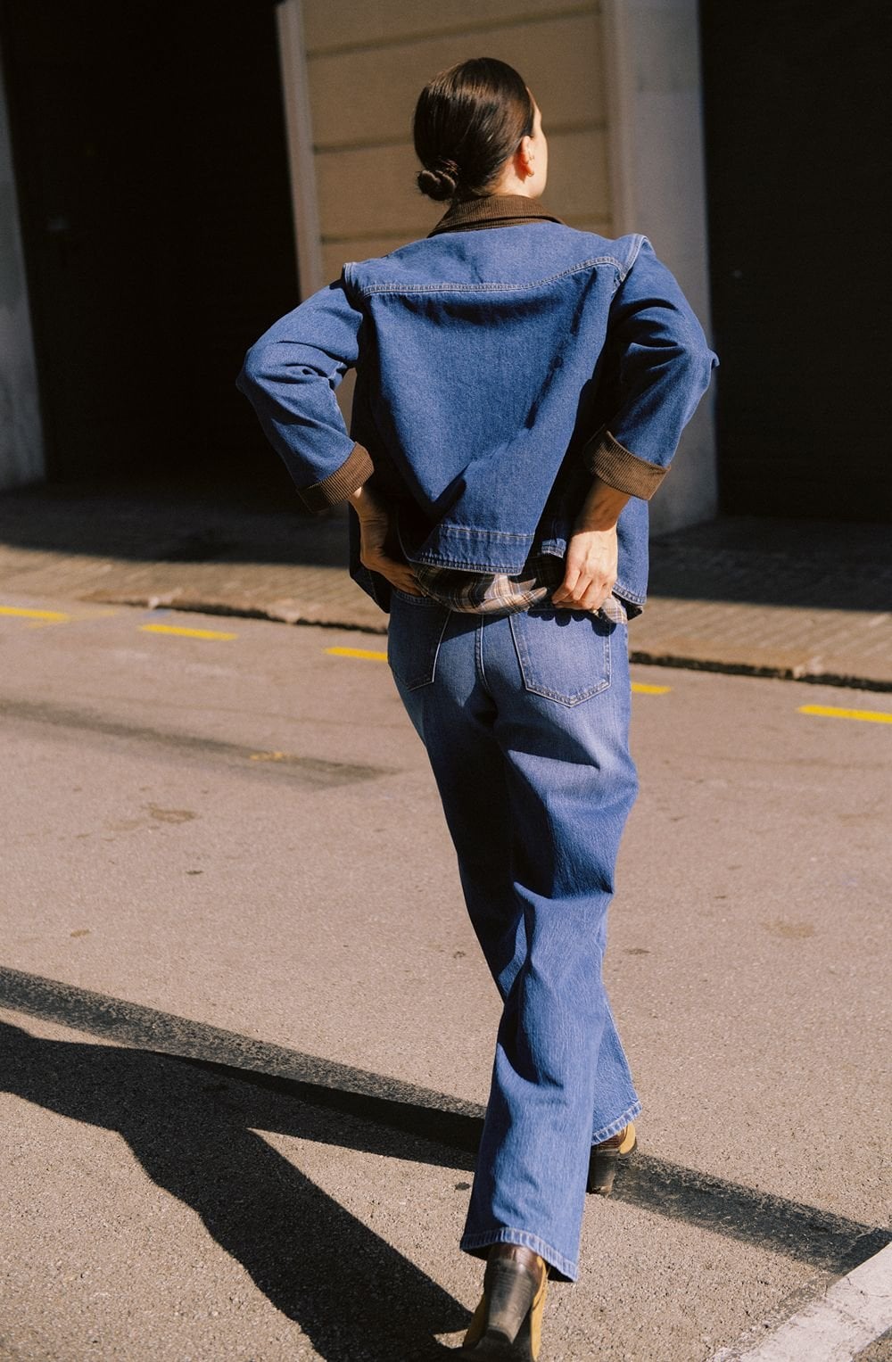 Corduroy Collar Mid Blue Denim Jacket