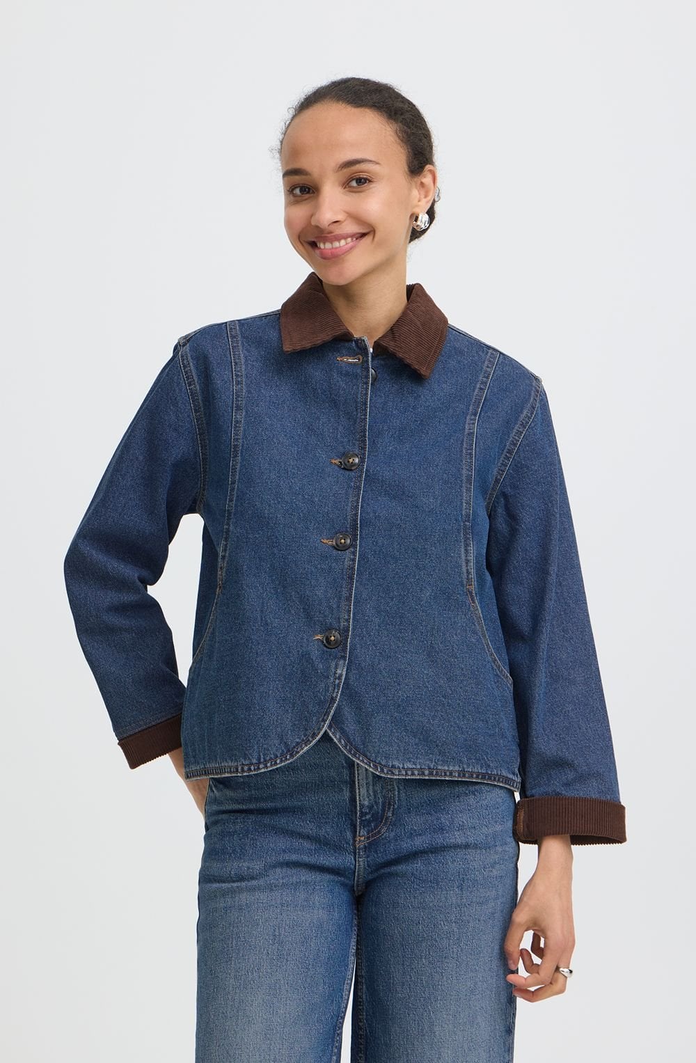 Corduroy Collar Mid Blue Denim Jacket