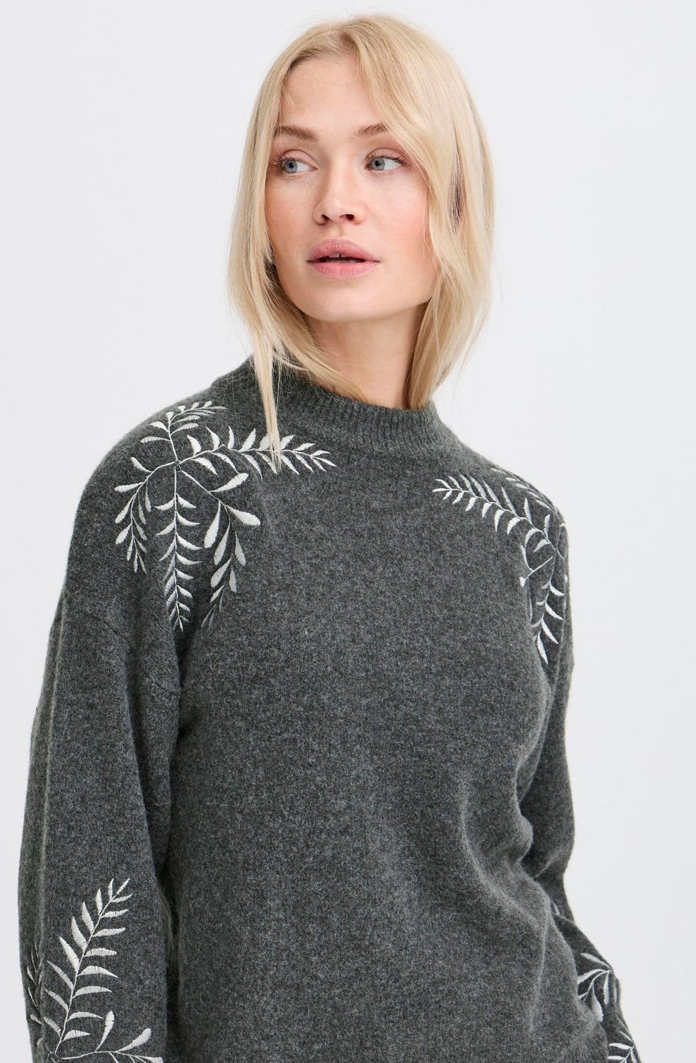Dark Grey Silver Leaf Embroidered Jumper