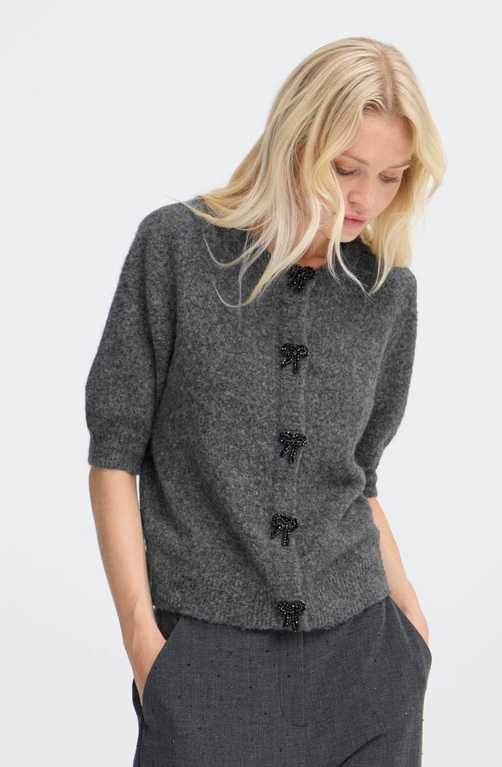 Dark Grey Sparkle Bow Design Cardigan