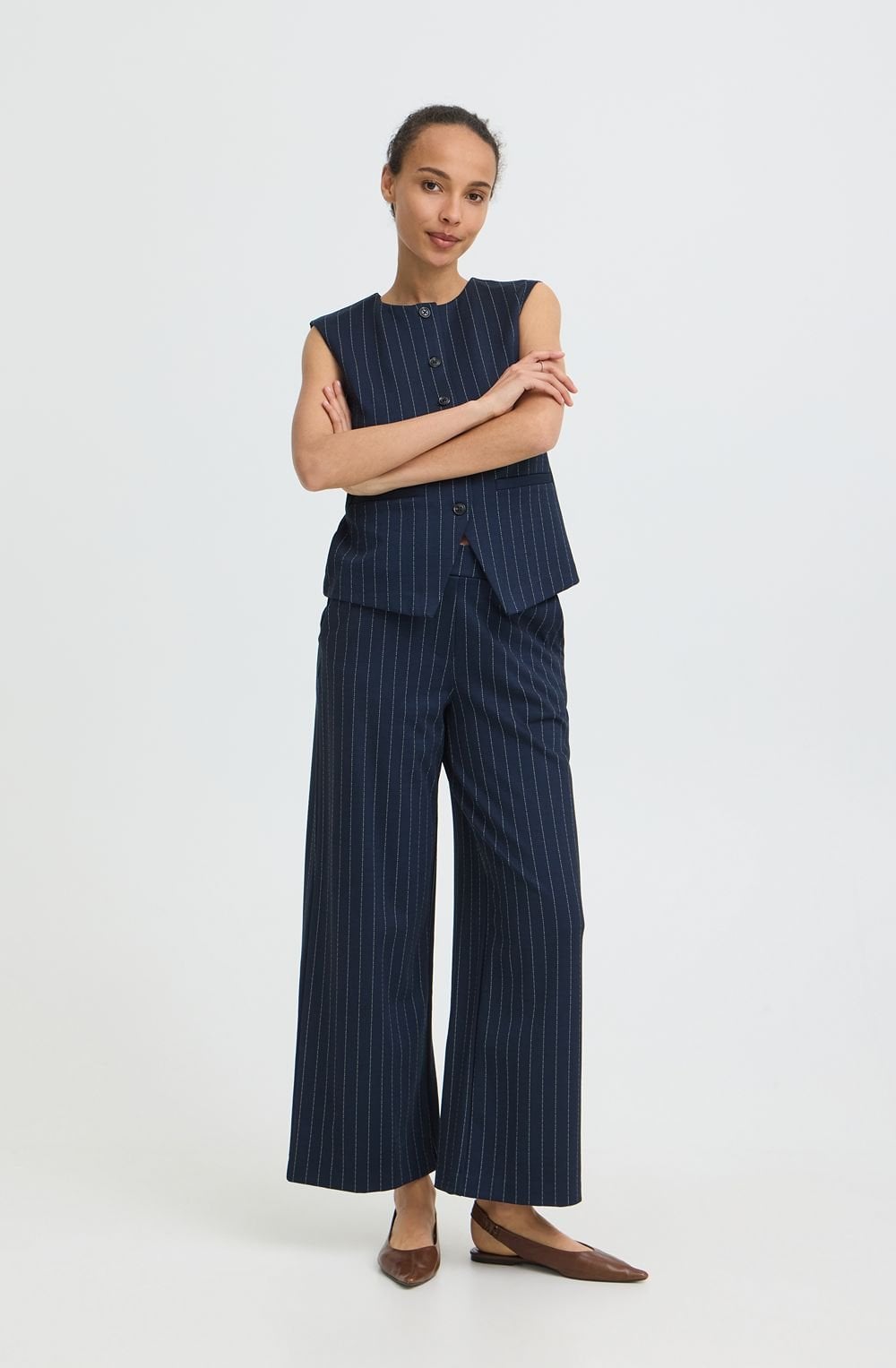 Dark Sapphire Pinstripe Wide Leg Trousers
