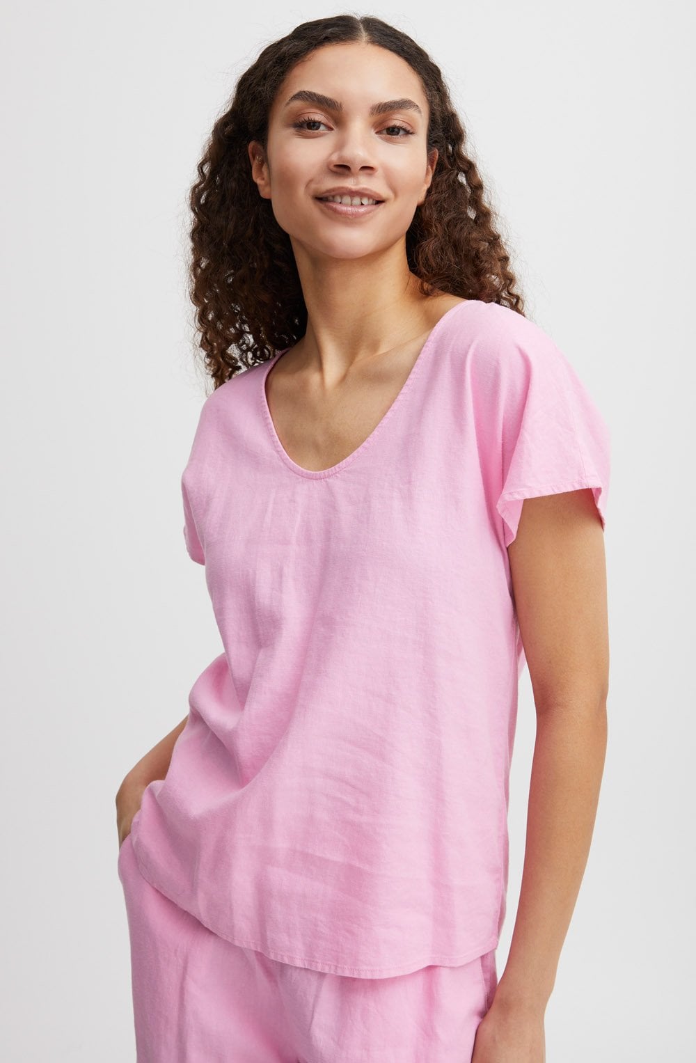 Falakka Begonia Pink V Neck Linen Mix Blouse