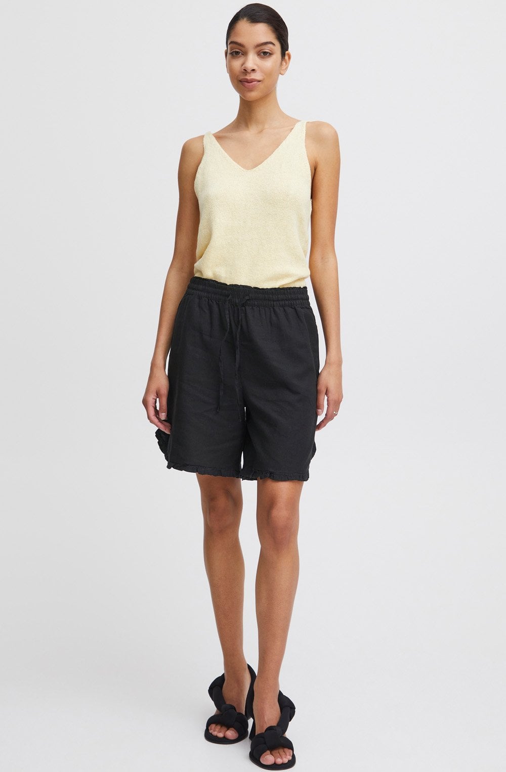 Falakka Black Linen Mix Ruffle Shorts