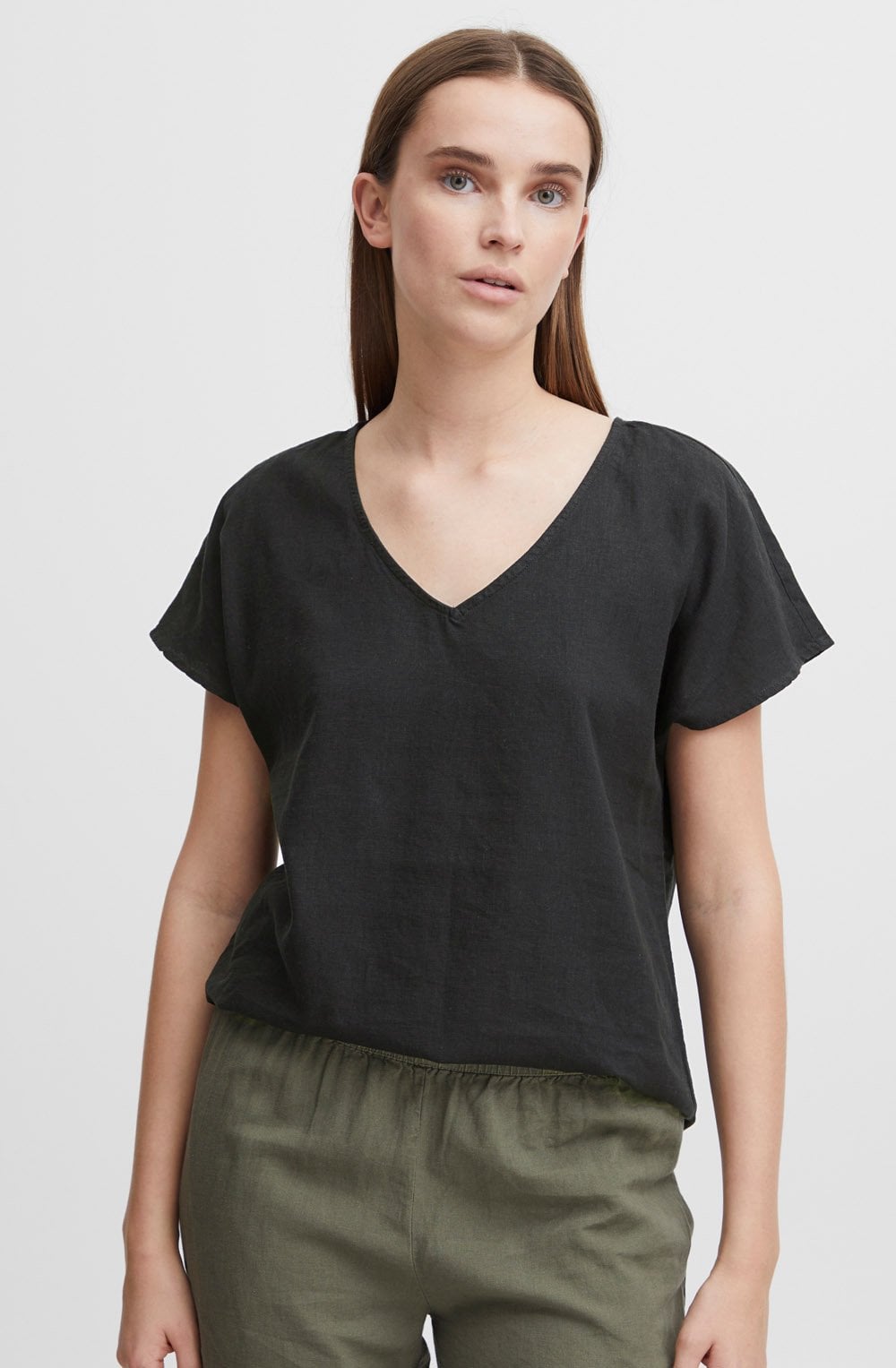 Falakka Black V Neck Linen Mix Blouse