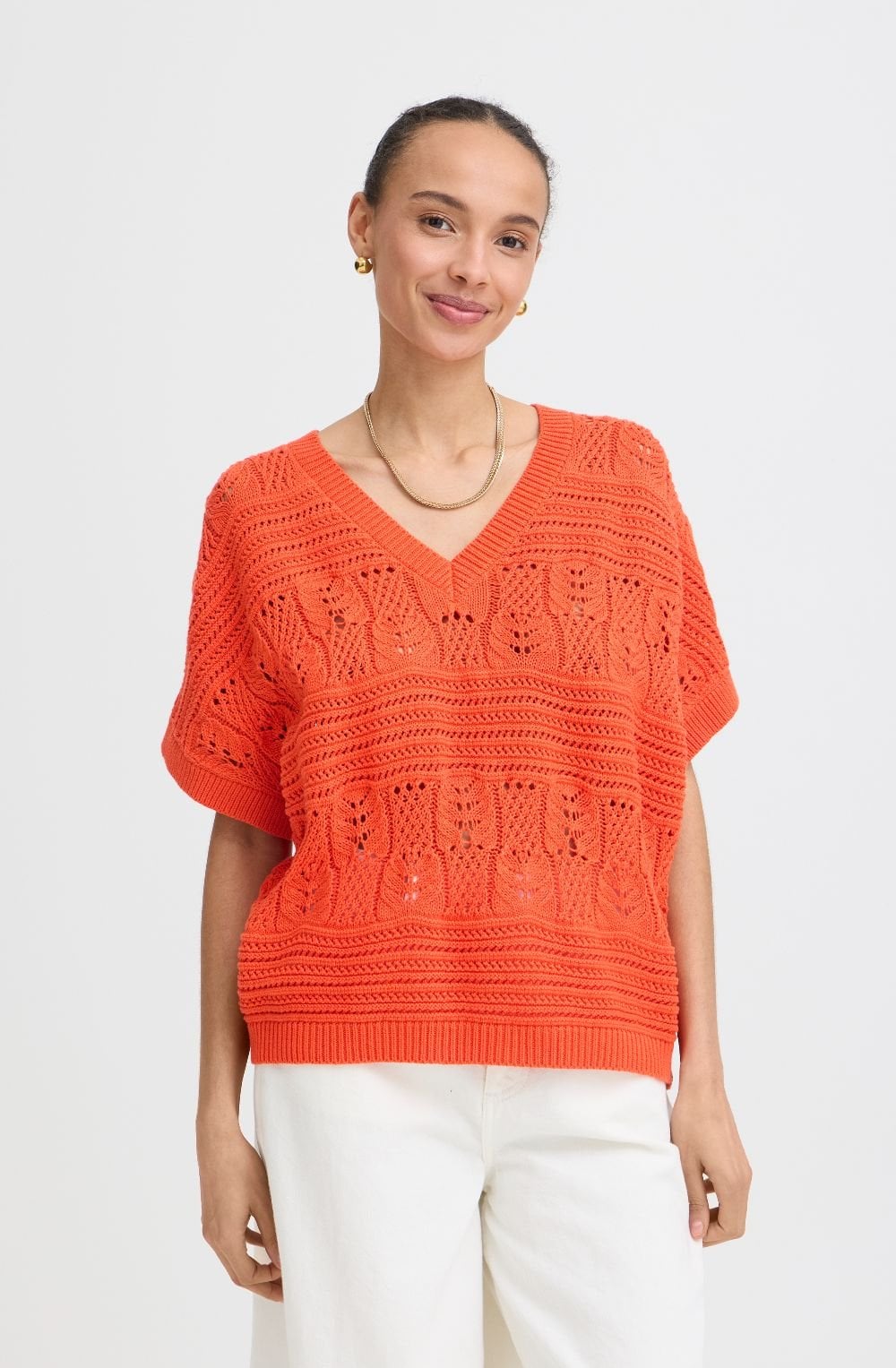 Fiesta Orange Patterned Opened Knit Pullover