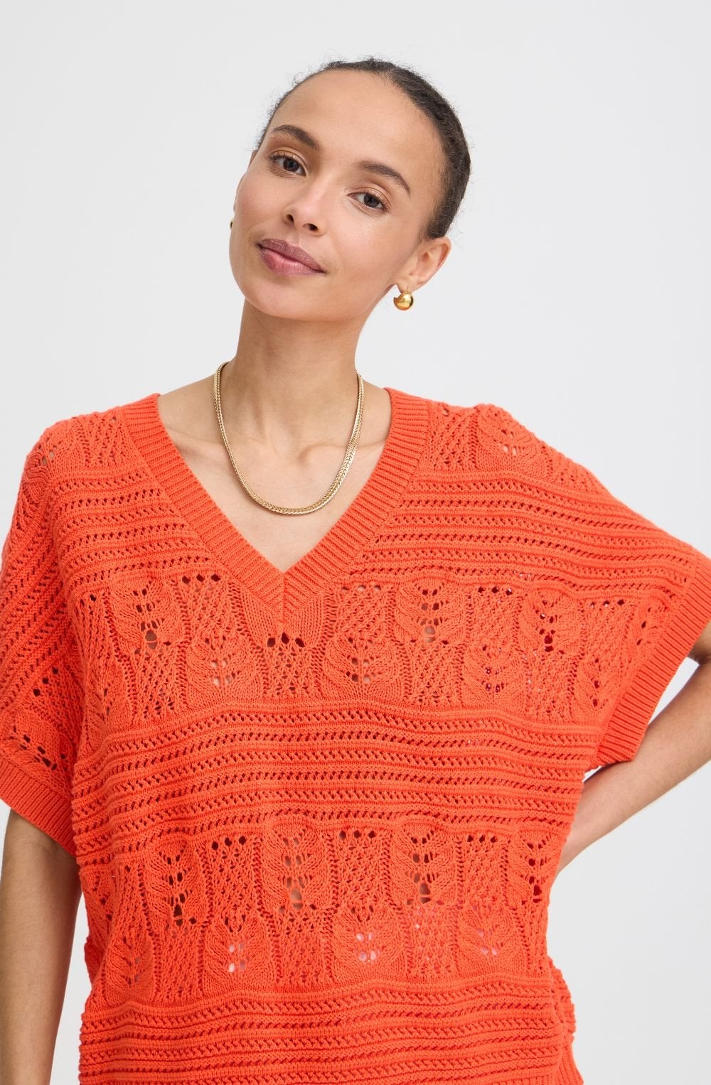 Fiesta Orange Patterned Opened Knit Pullover