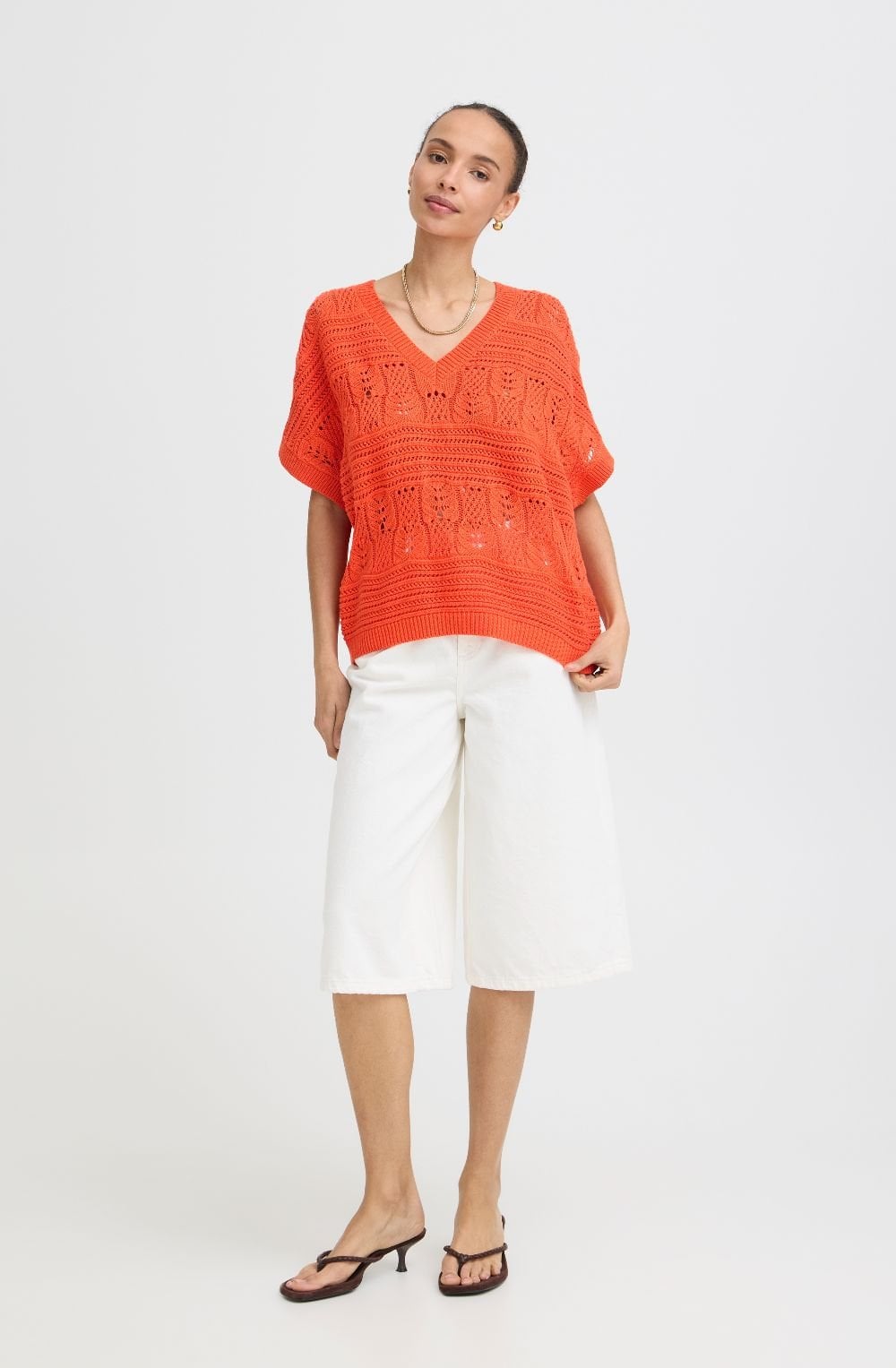 Fiesta Orange Patterned Opened Knit Pullover