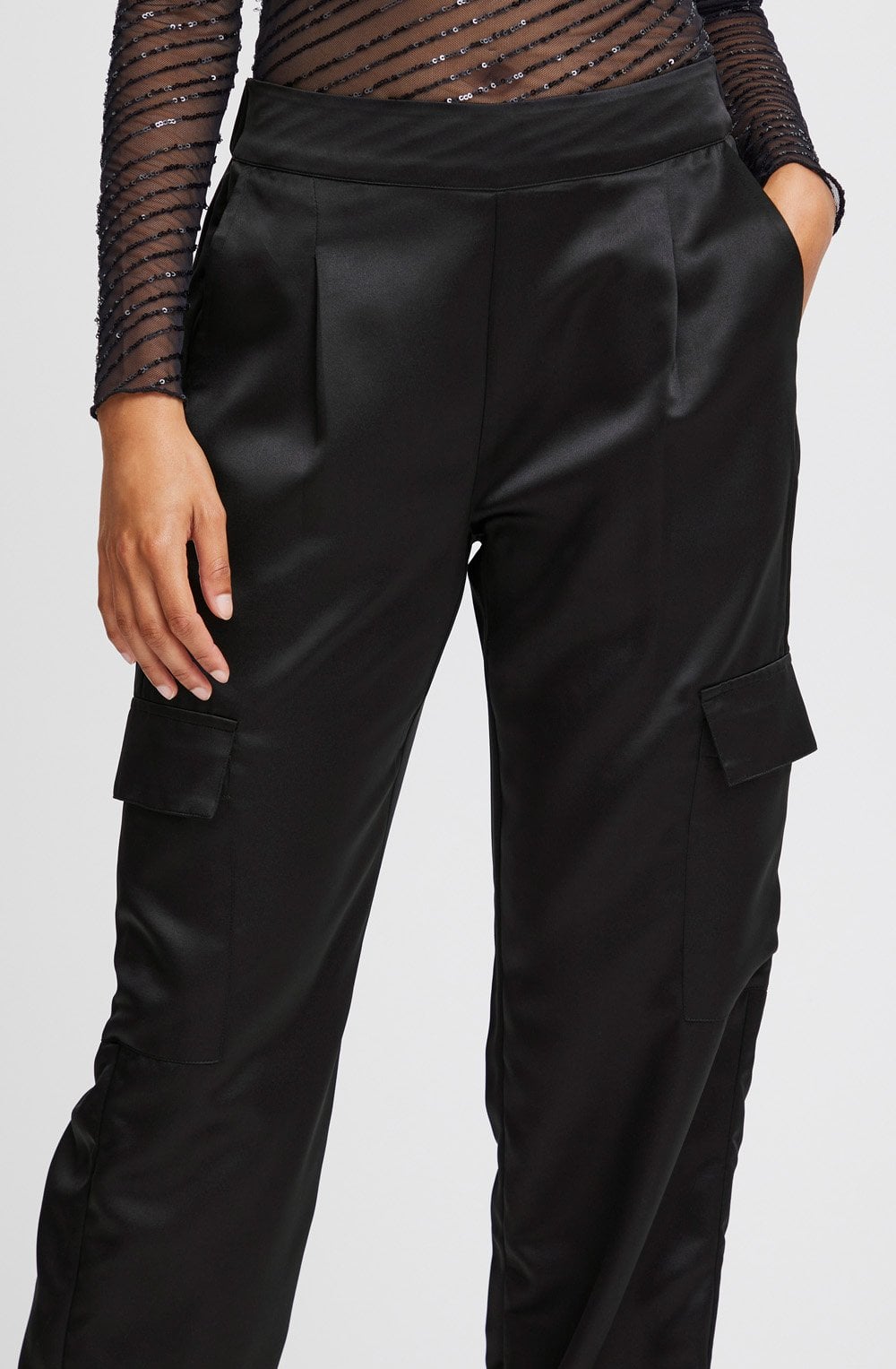Ipine Black Satin Cargo Trousers