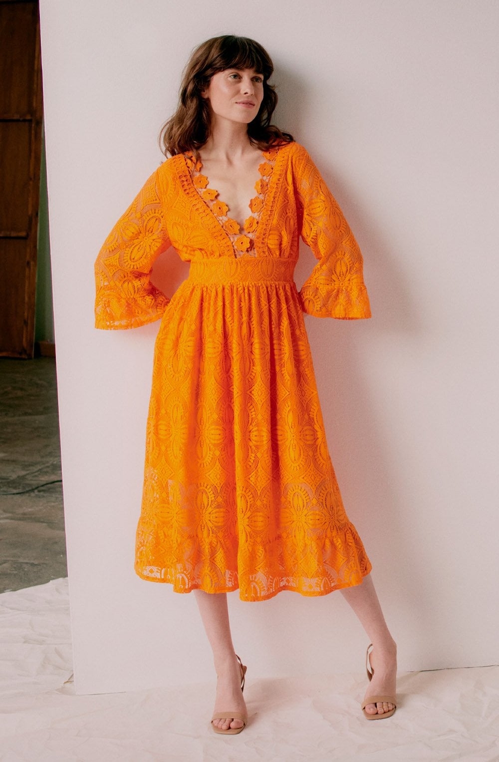 Jali Orange Peel Lace Midi Dress