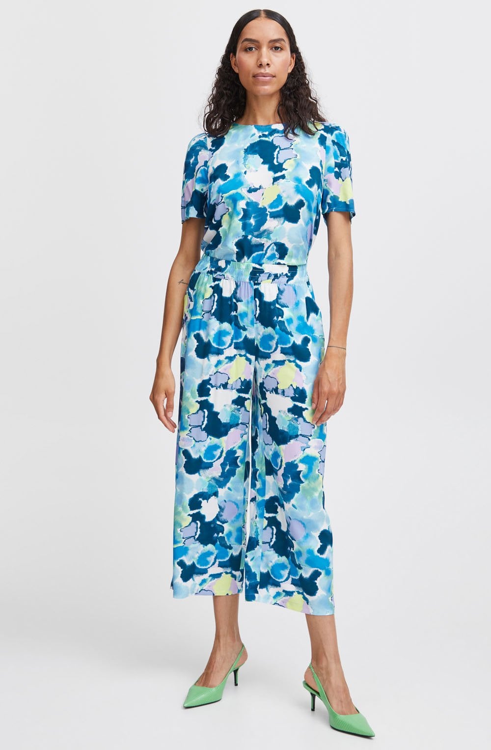 Joella Angel Blue Water Colour Wide Leg Crop Trousers