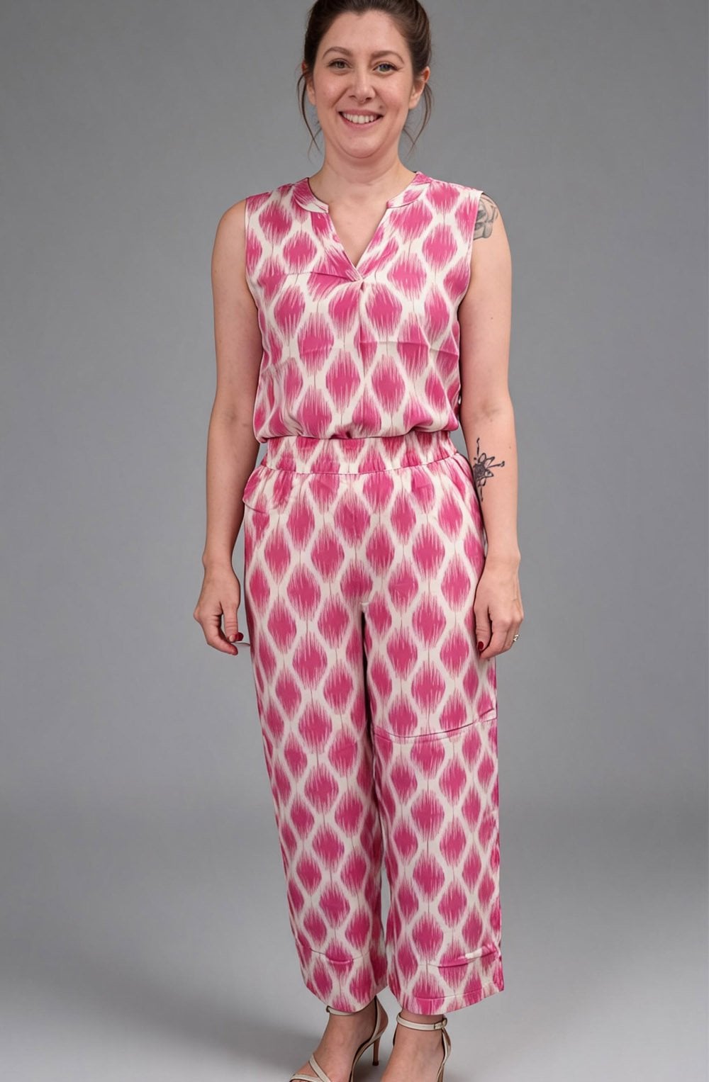 Joella Ogee Ikat Raspberry Rose Wide Leg Crop Trousers