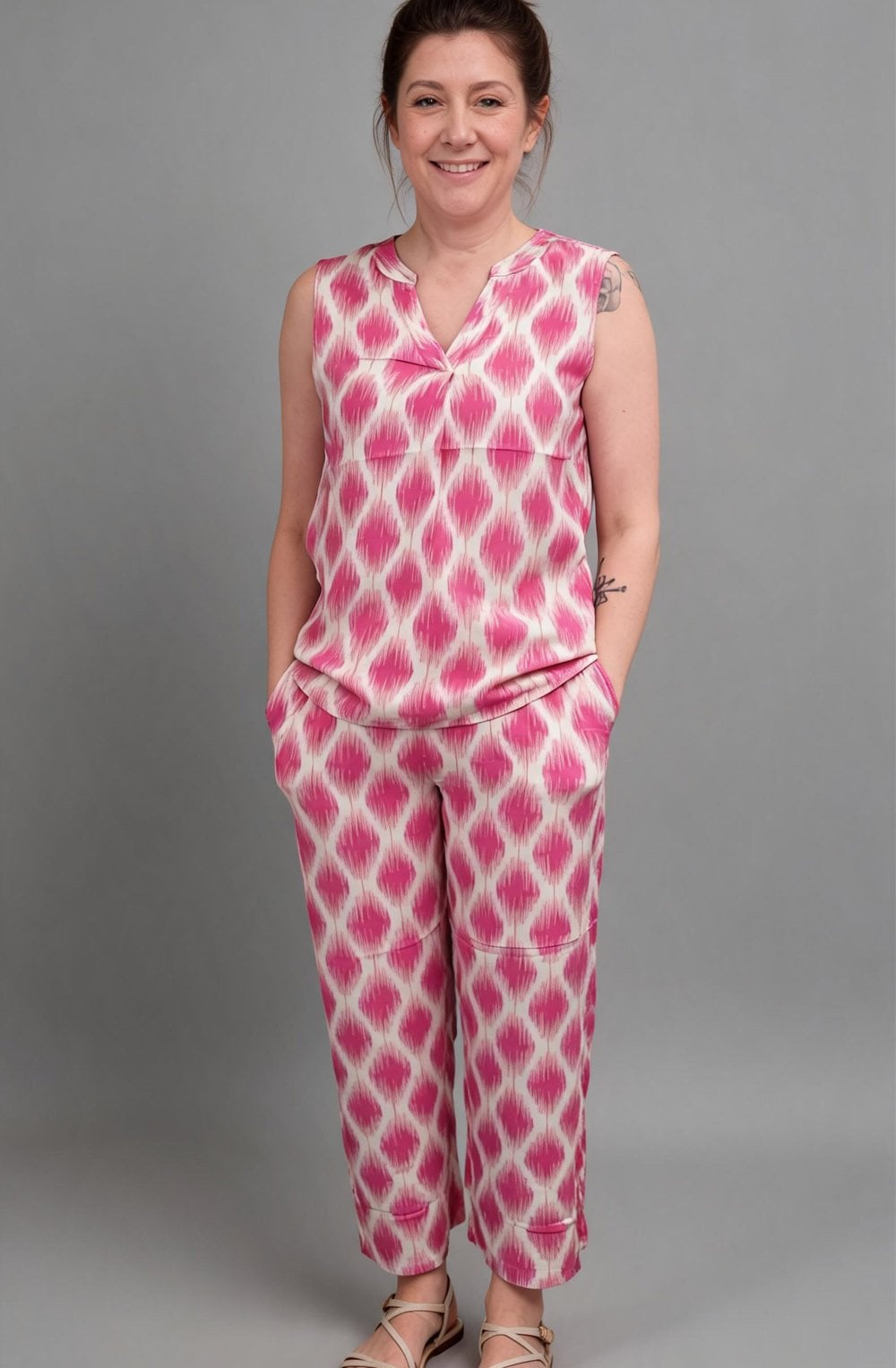 Joella Ogee Ikat Raspberry Rose Wide Leg Crop Trousers