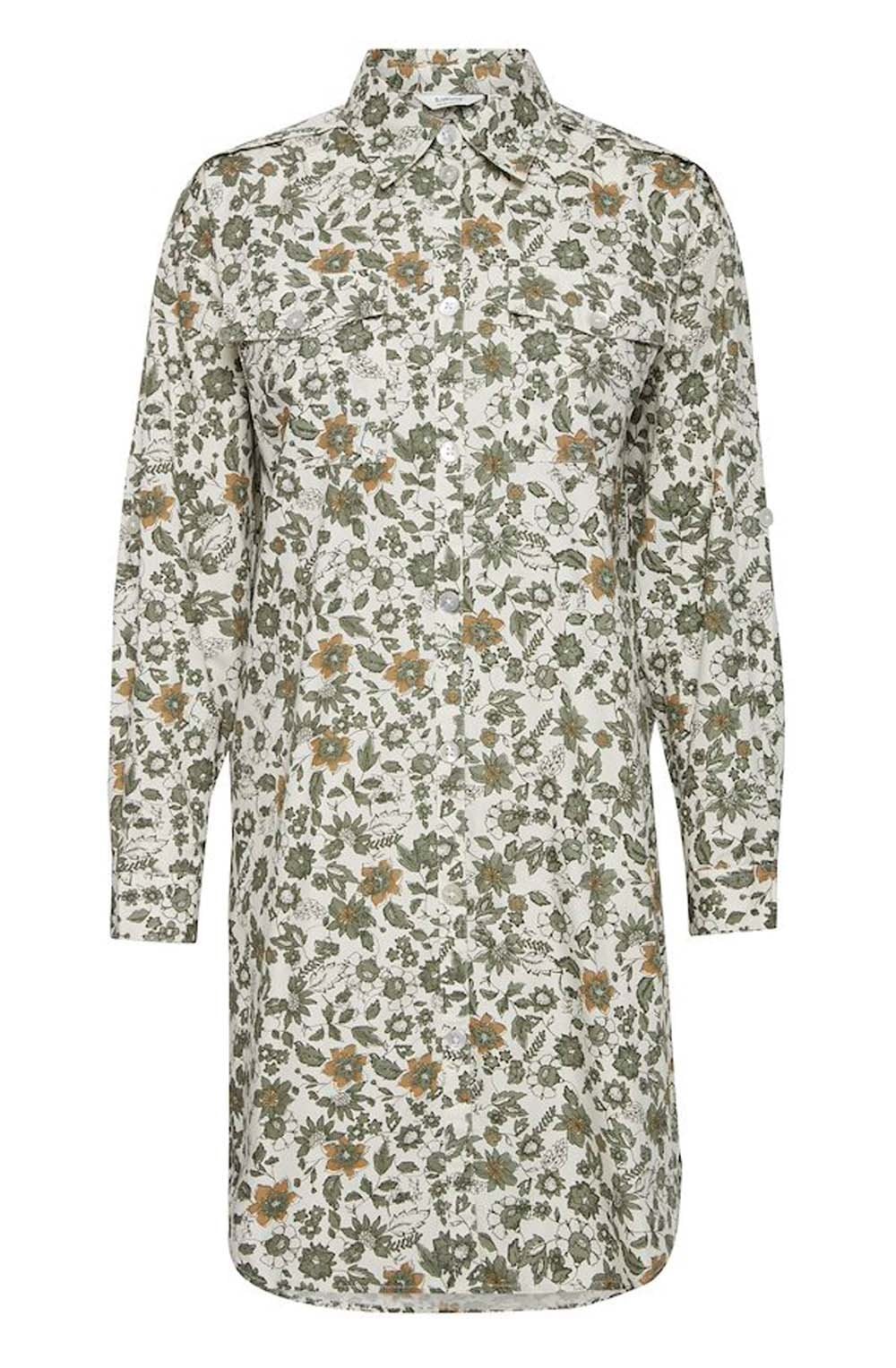 Khaki Floral Print Shirt Dress
