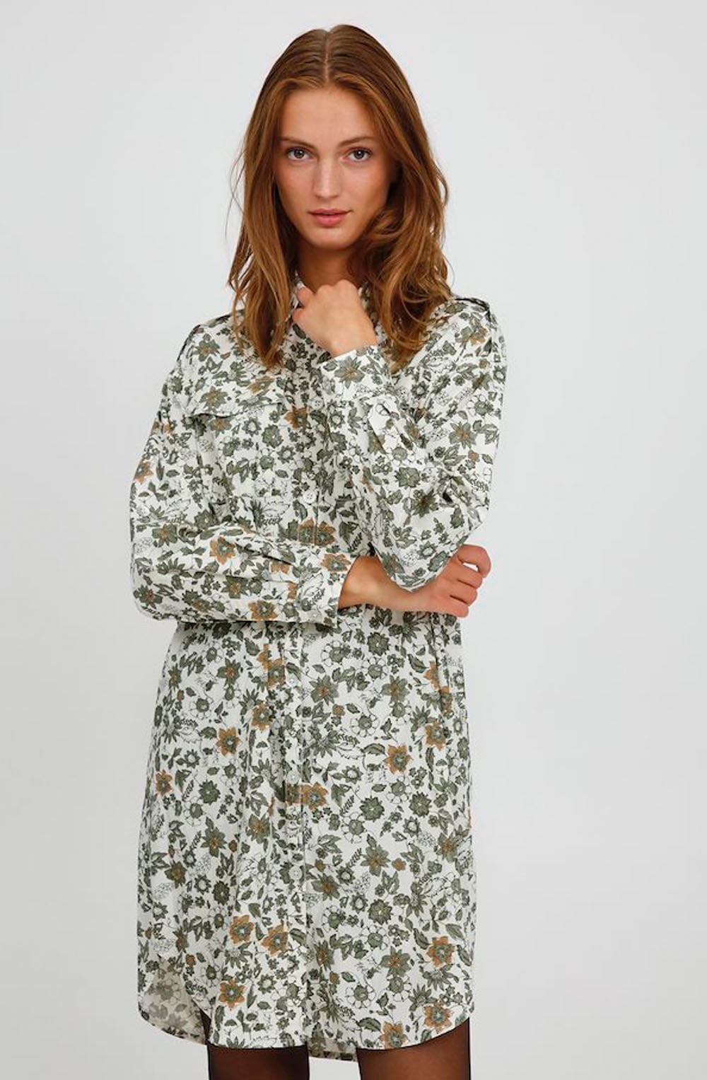 Khaki Floral Print Shirt Dress