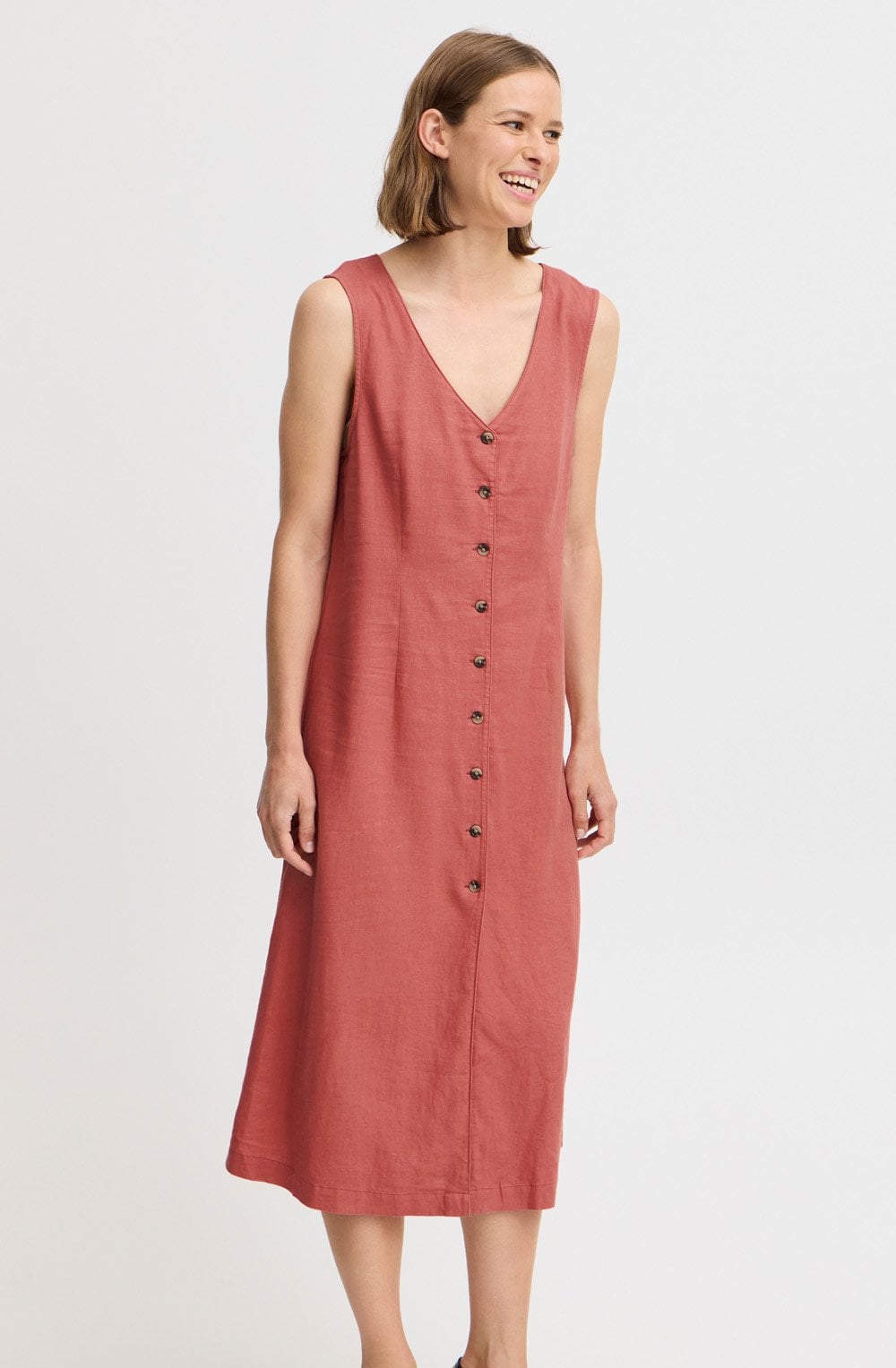 Light Mahogany Linen Mix Button Down Dress