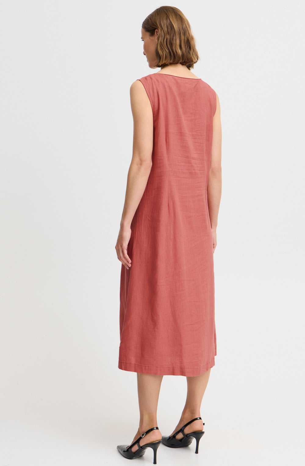 Light Mahogany Linen Mix Button Down Dress