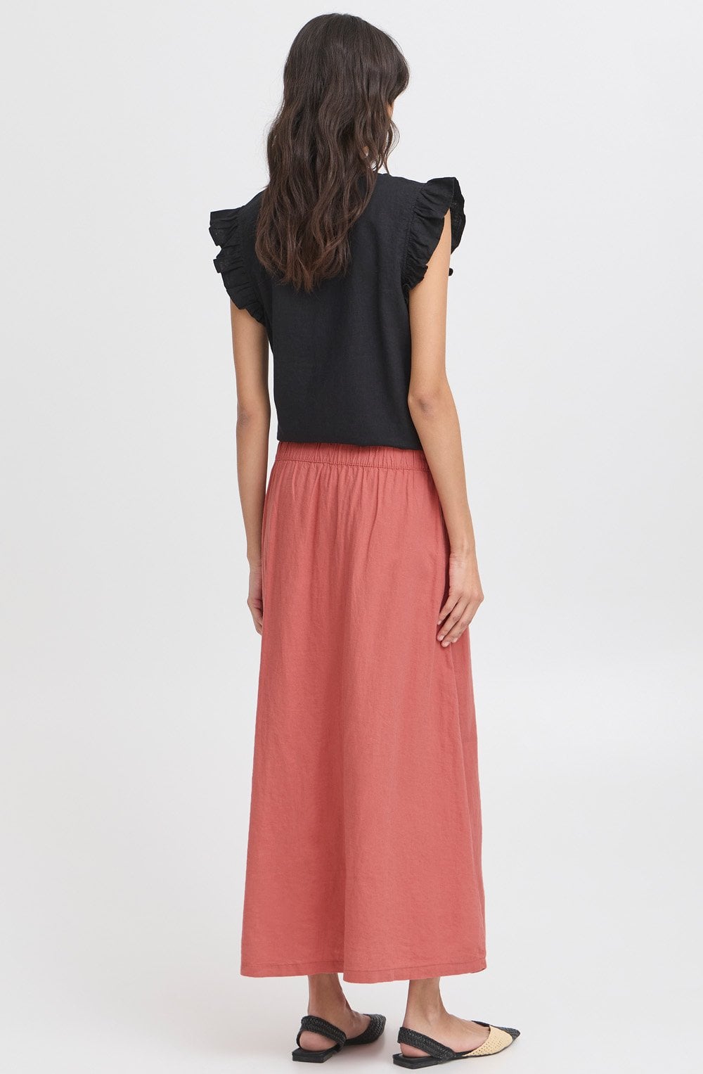 Light Mahogany Linen Mix Button Down Skirt
