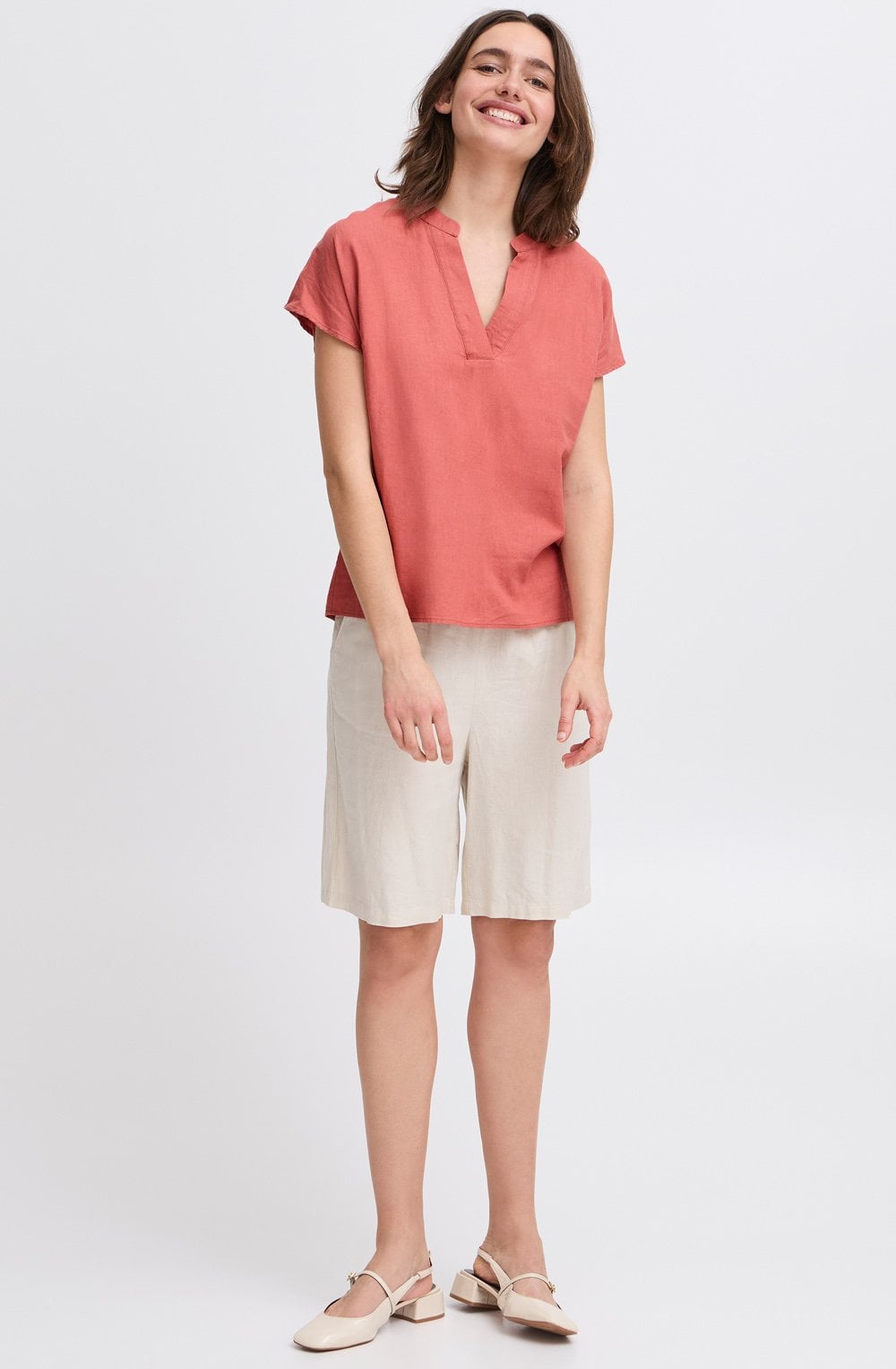 Light Mahogany Linen Mix Tunic Neck Blouse