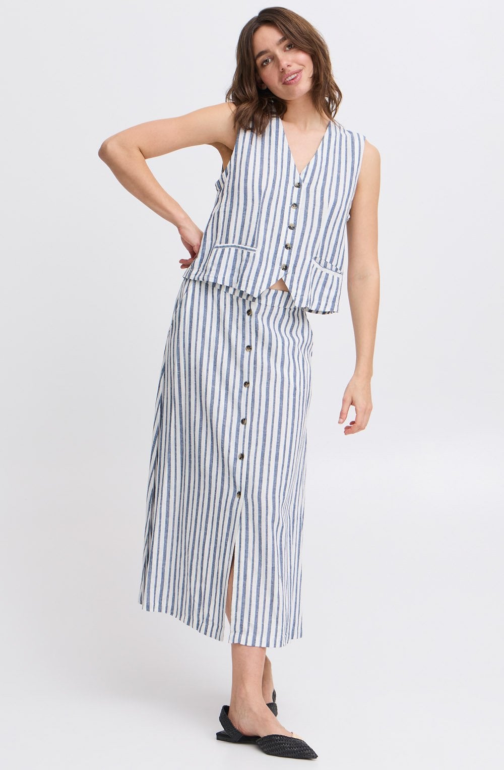 Marshmallow and Blue Striped Linen Mix Waistcoat