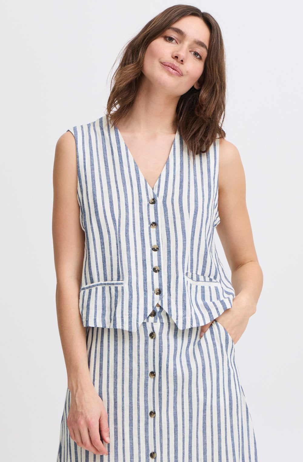 Marshmallow and Blue Striped Linen Mix Waistcoat