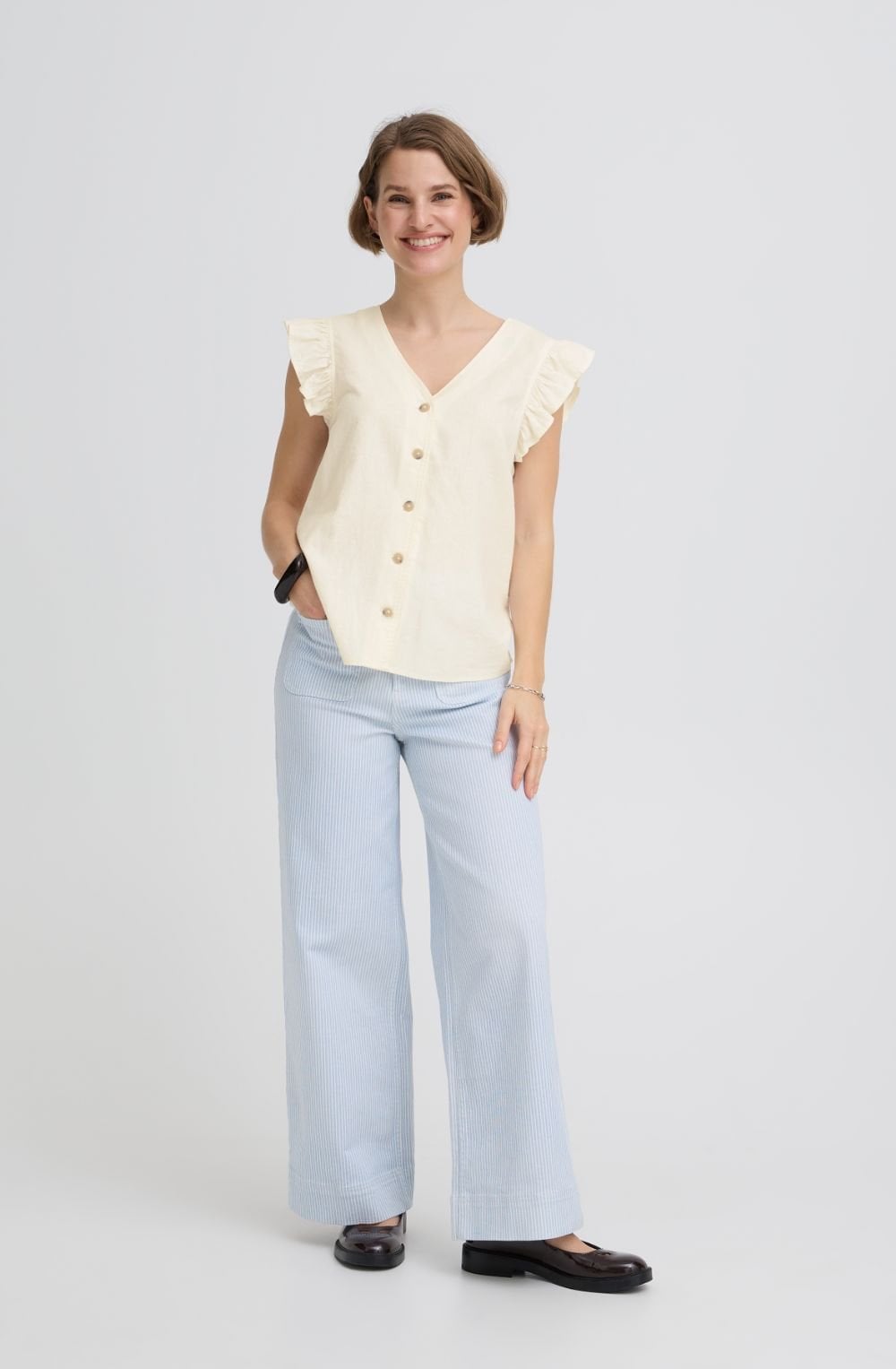 Marshmallow Linen Mix Ruffle Sleeve Shirt