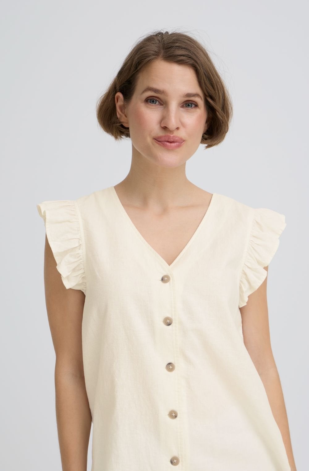 Marshmallow Linen Mix Ruffle Sleeve Shirt