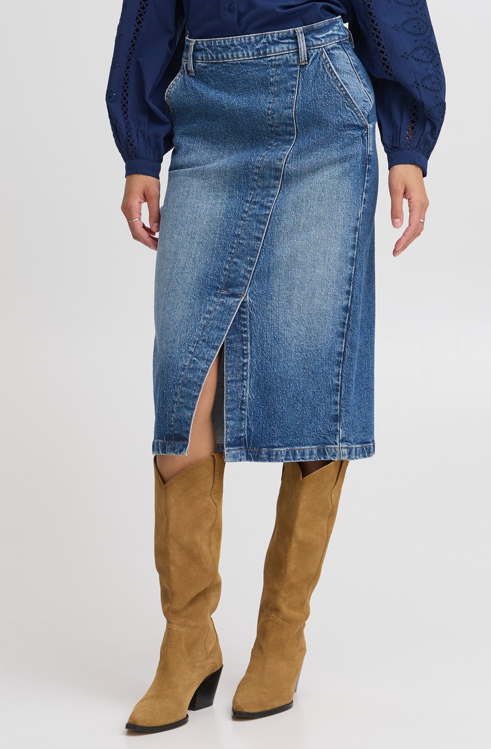 Mid Blue Denim Wrap Midi Skirt