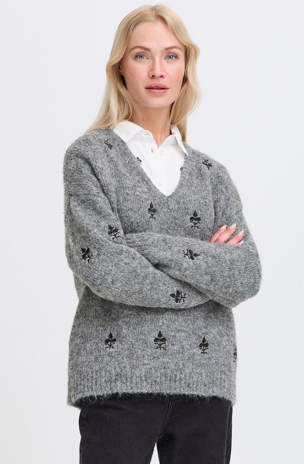 Mid Grey Melange Embroidered Jumper